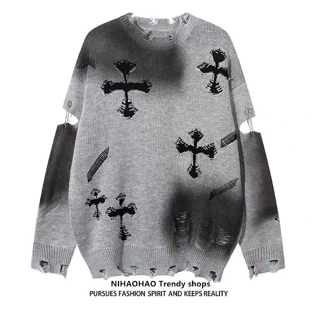 Random wash and cross design fully distressed knit sweater  OR1025
