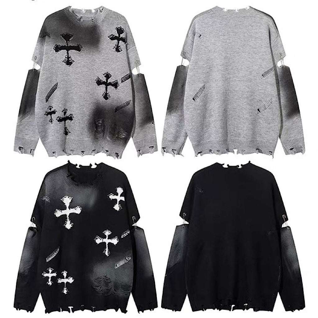 Random wash and cross design fully distressed knit sweater  OR1025