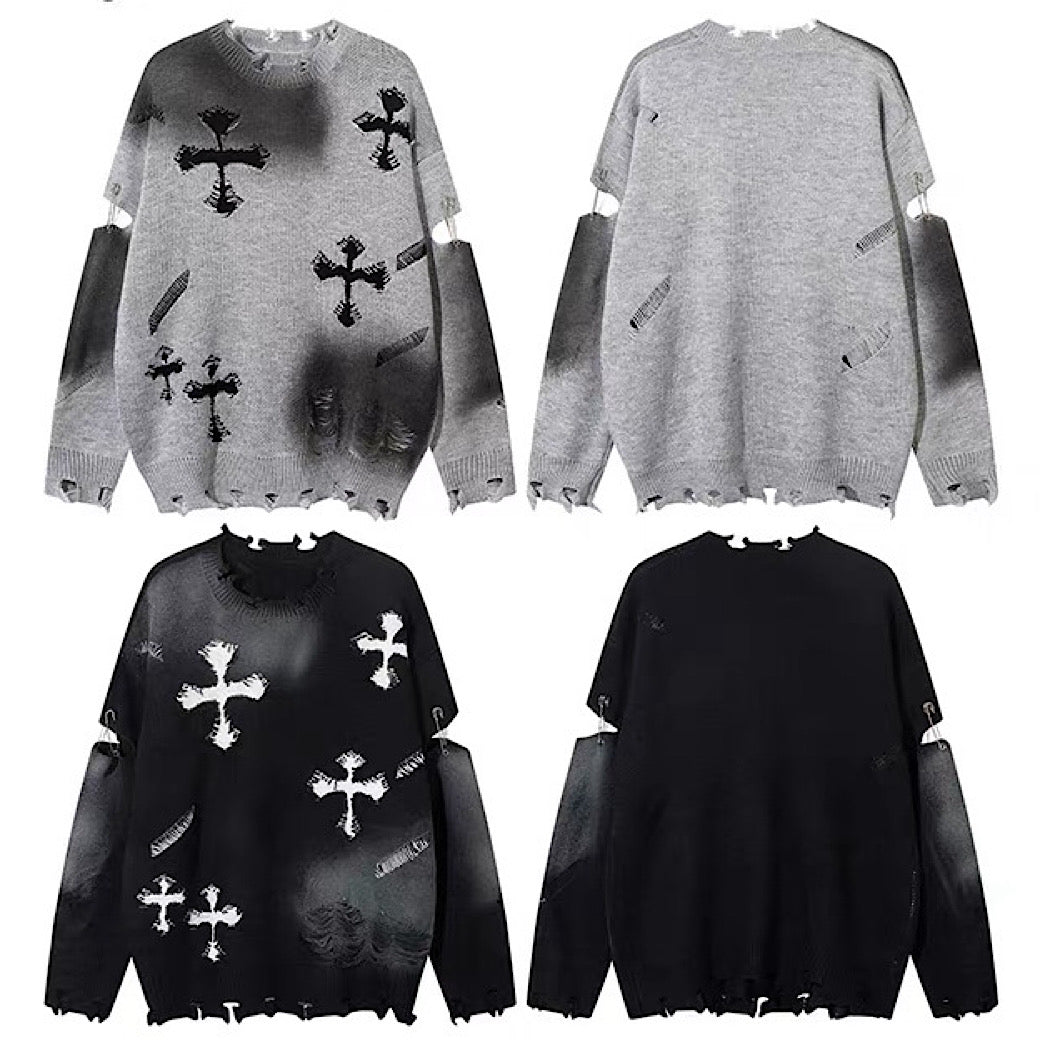 Random wash and cross design fully distressed knit sweater  OR1025