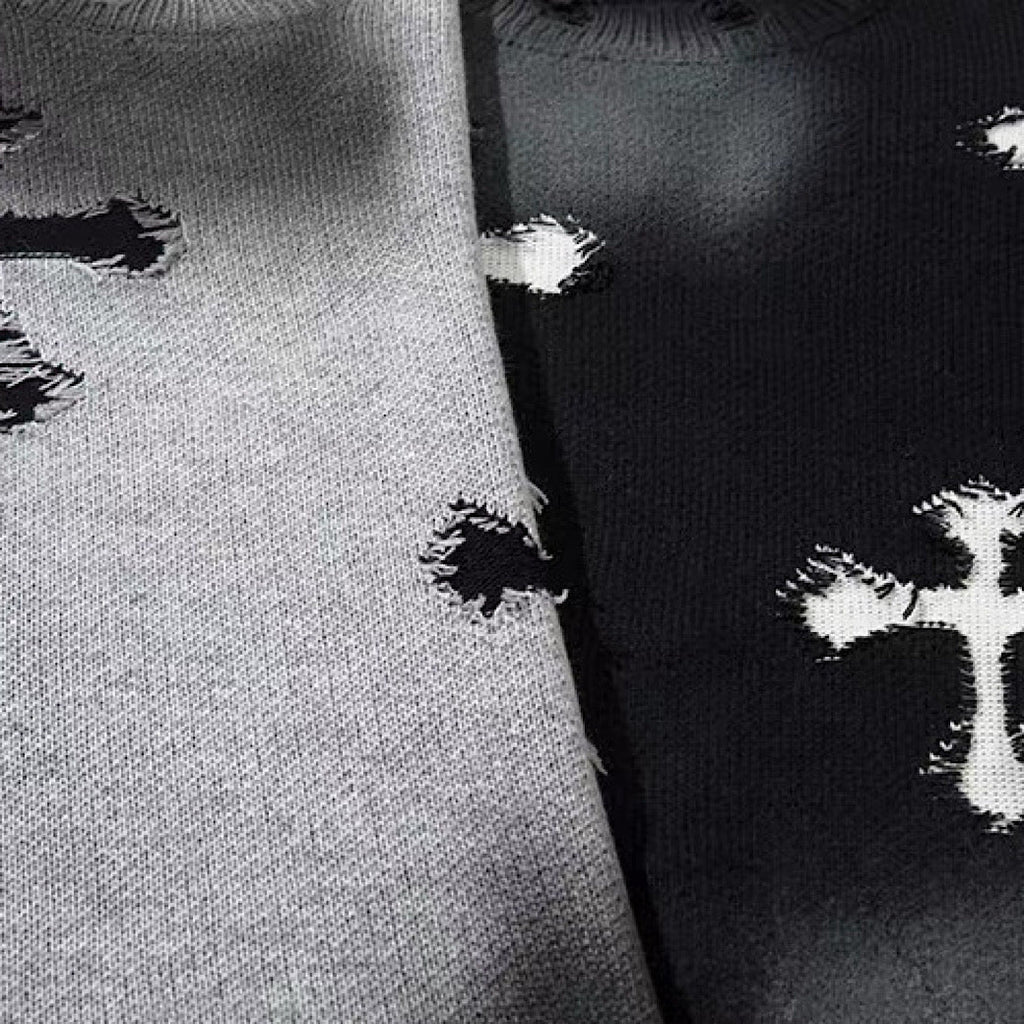 Random wash and cross design fully distressed knit sweater  OR1025