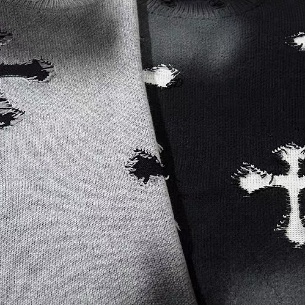 Random wash and cross design fully distressed knit sweater  OR1025