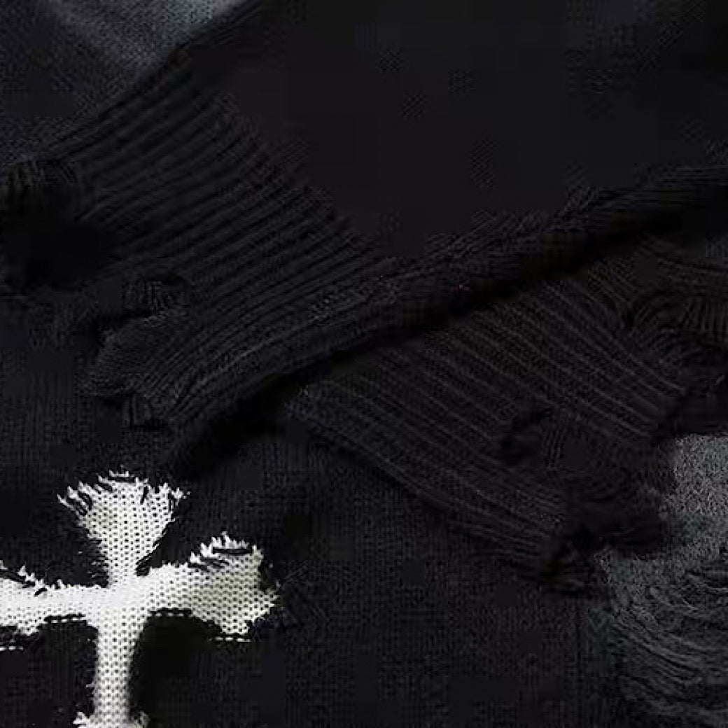 Random wash and cross design fully distressed knit sweater  OR1025
