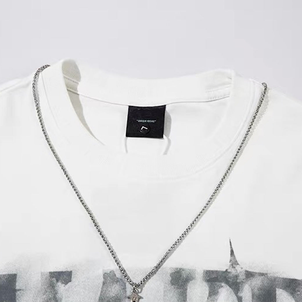 Big front initial print distressed short-sleeved T-shirt  OR1051