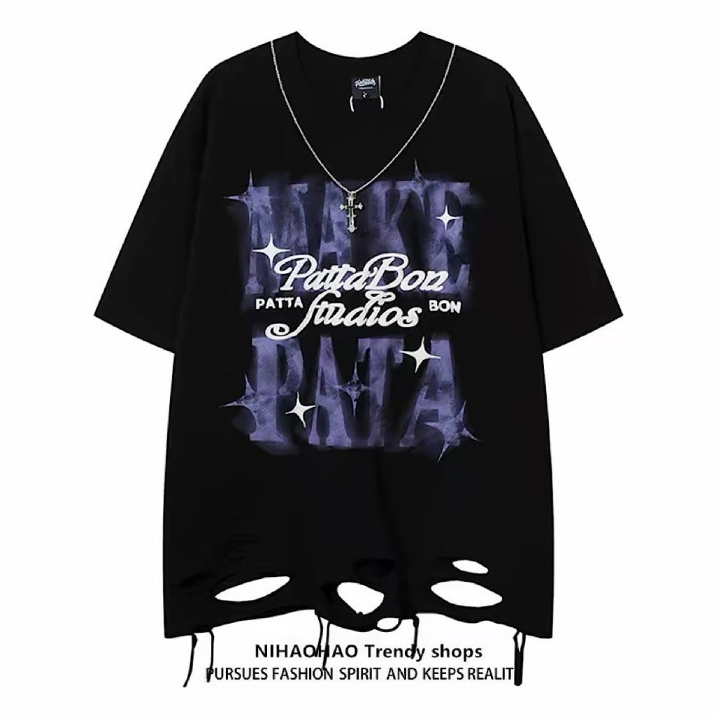 Big front initial print distressed short-sleeved T-shirt  OR1051