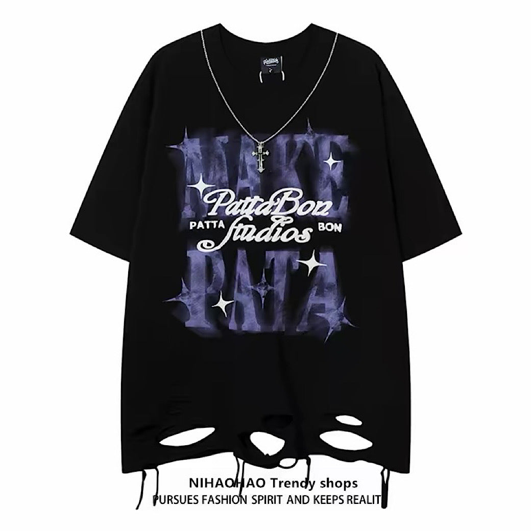 Big front initial print distressed short-sleeved T-shirt  OR1051