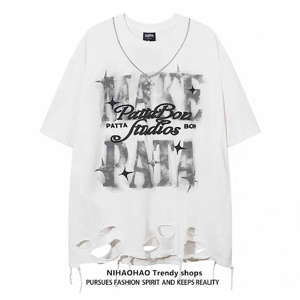 Big front initial print distressed short-sleeved T-shirt  OR1051