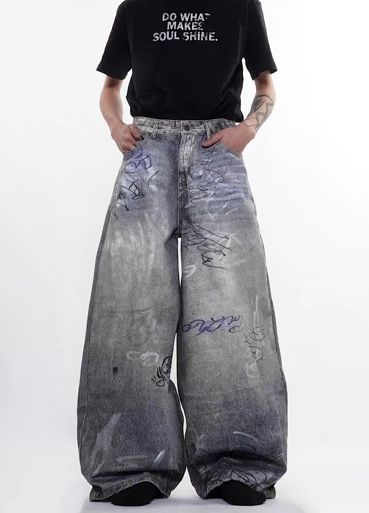 Muted vintage graffiti design washed wide denim pants  OR1054