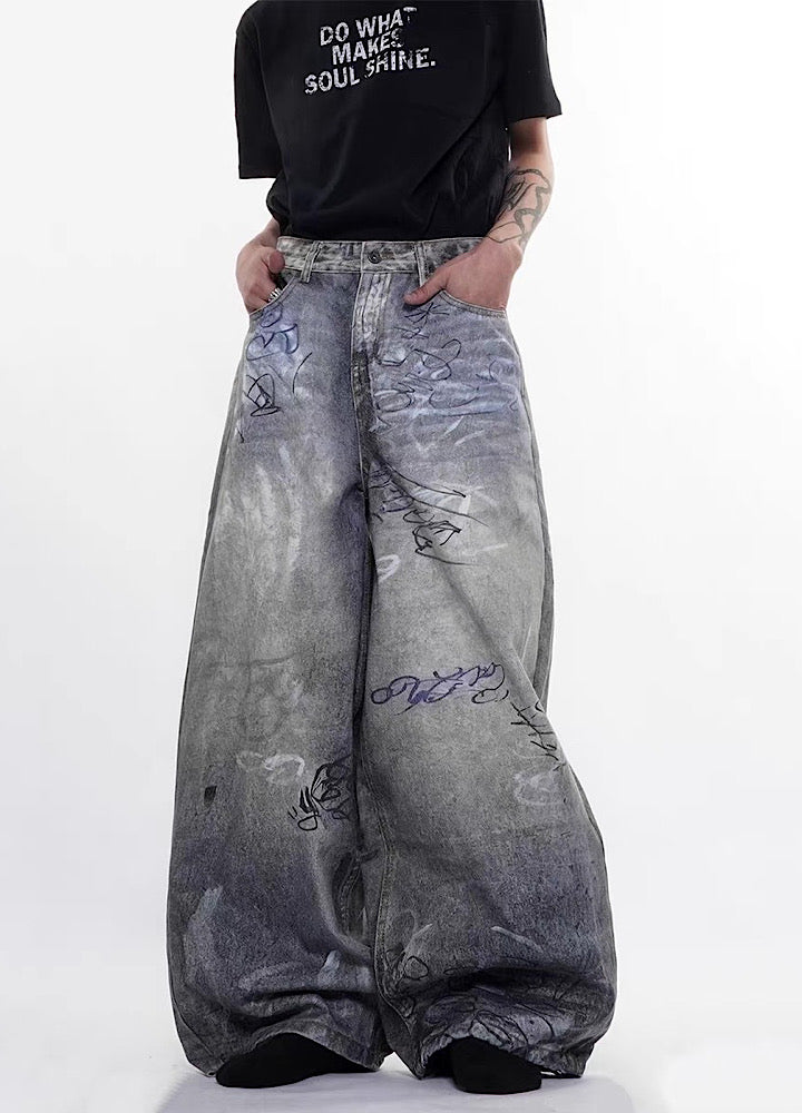Muted vintage graffiti design washed wide denim pants  OR1054