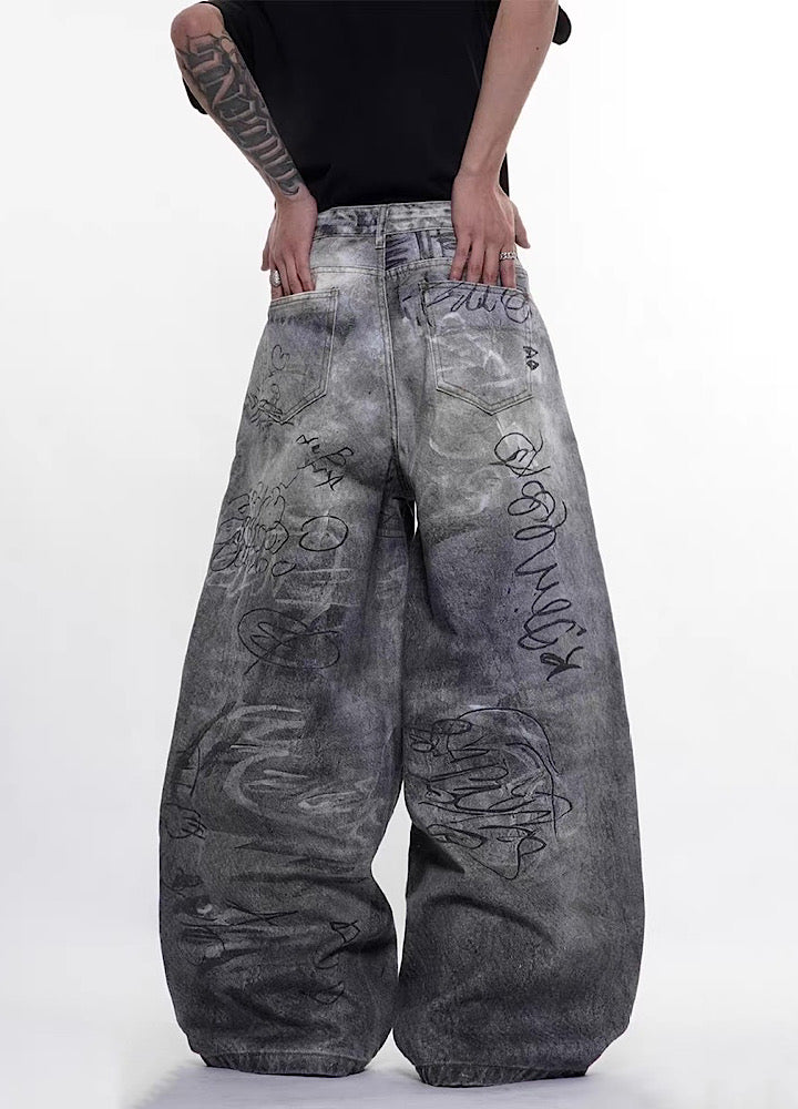 Muted vintage graffiti design washed wide denim pants  OR1054