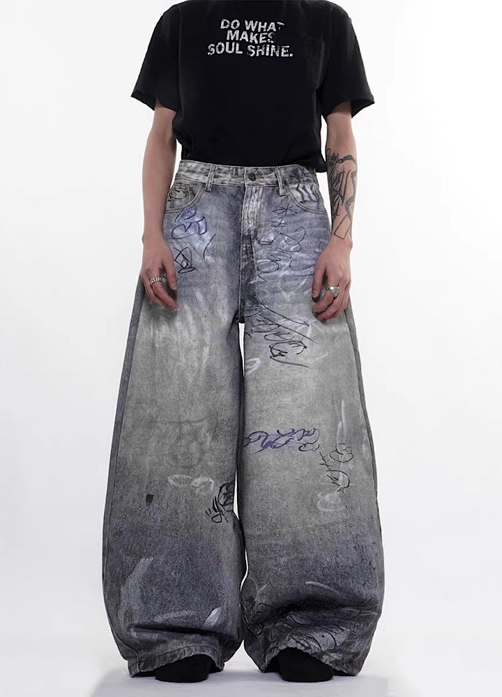 Muted vintage graffiti design washed wide denim pants  OR1054