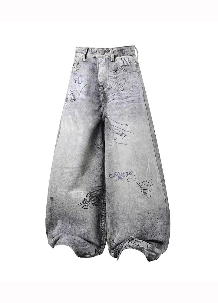 Muted vintage graffiti design washed wide denim pants  OR1054