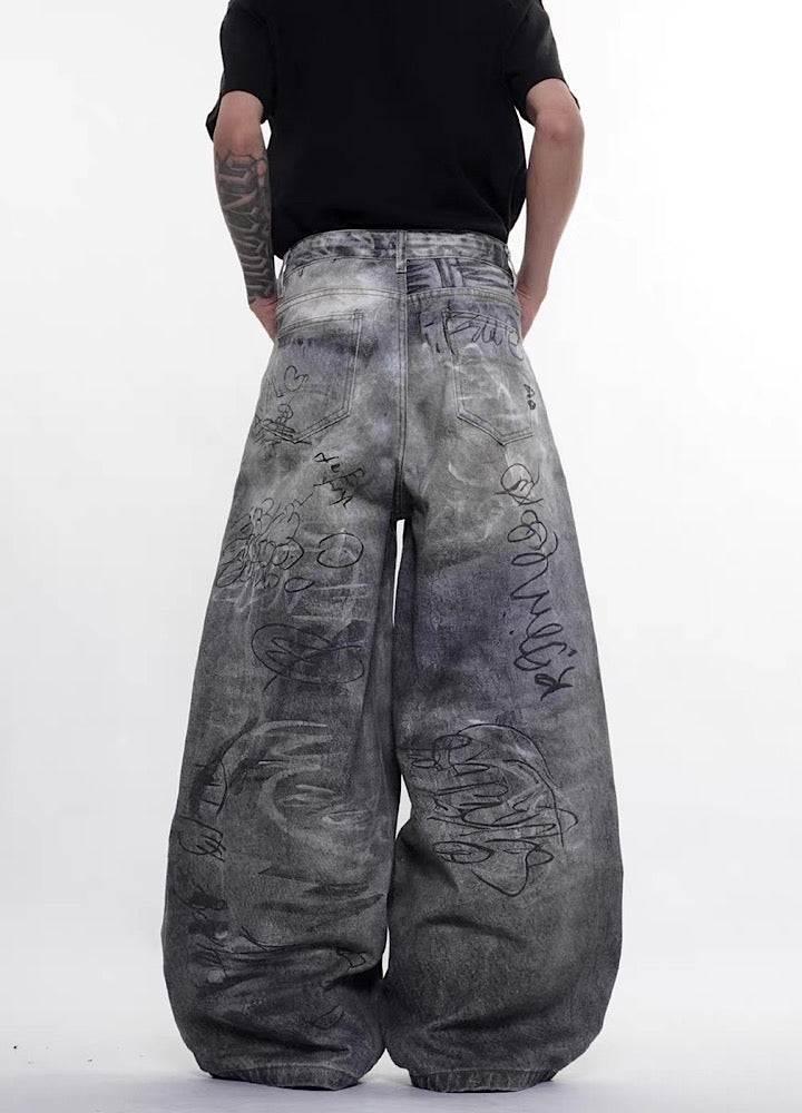 Muted vintage graffiti design washed wide denim pants  OR1054