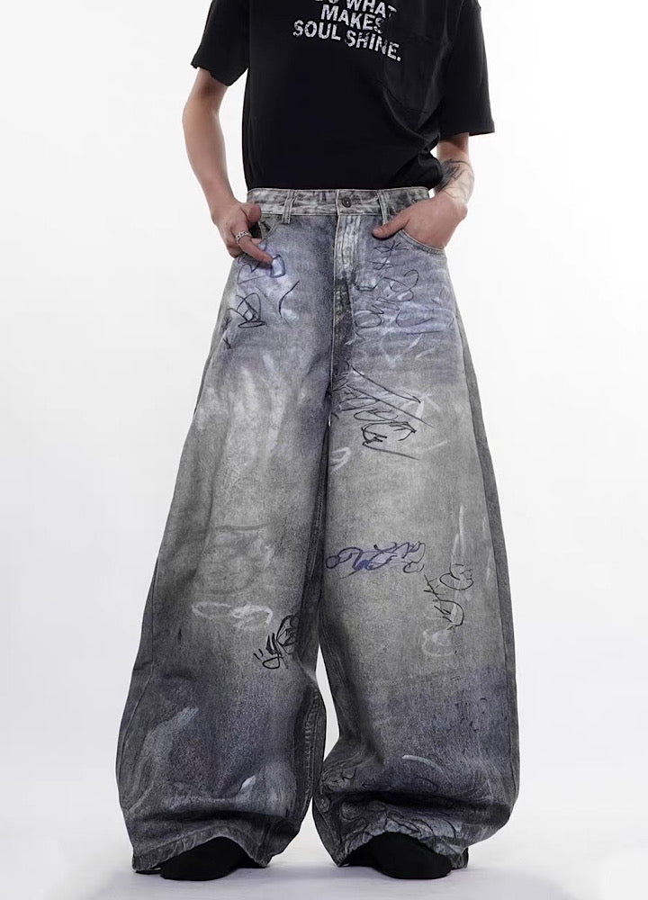 Muted vintage graffiti design washed wide denim pants  OR1054