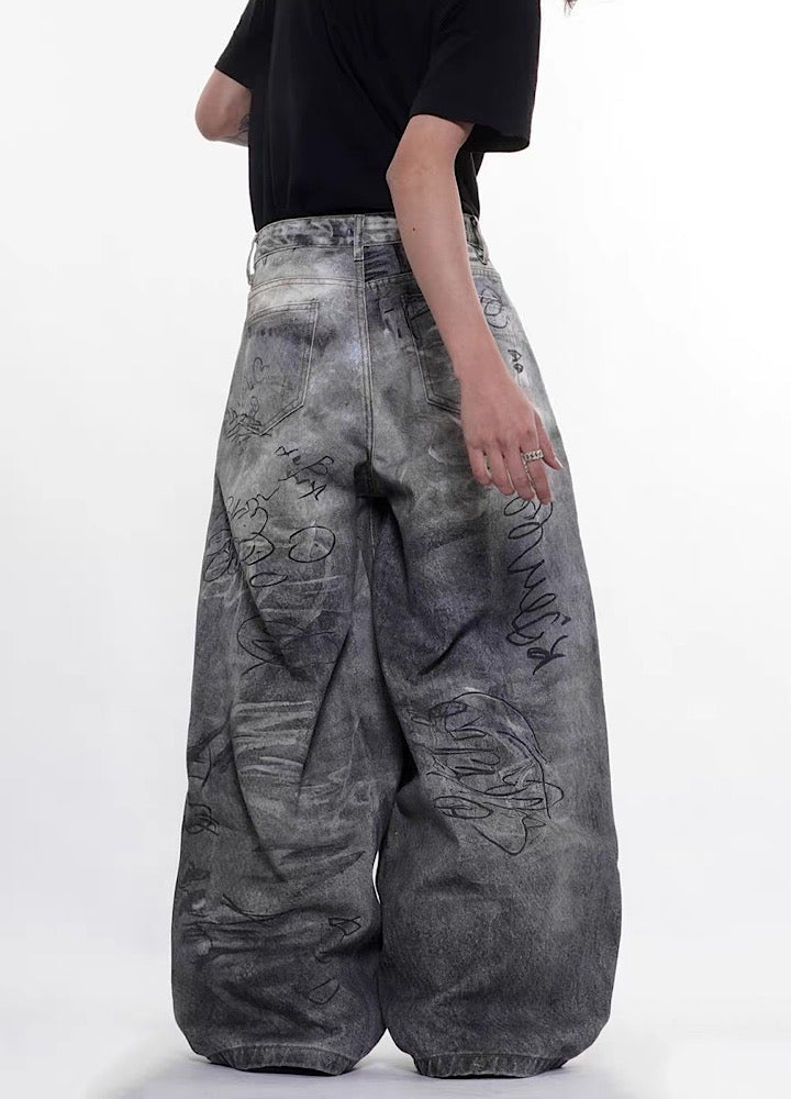 Muted vintage graffiti design washed wide denim pants  OR1054